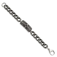 Chisel Stainless Steel Antiqued and Polished Bracelet with Black Agate Fancy Link Cross, 9" view 3