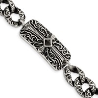 Chisel Stainless Steel Antiqued and Polished Bracelet with Black Agate Fancy Link Cross, 9" view 1