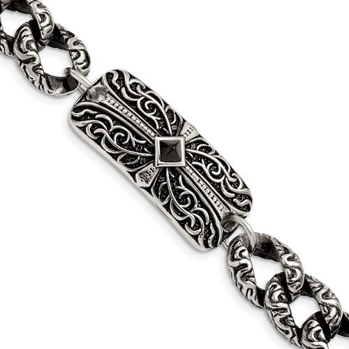 Chisel Stainless Steel Antiqued and Polished Bracelet with Black Agate Fancy Link Cross, 9"