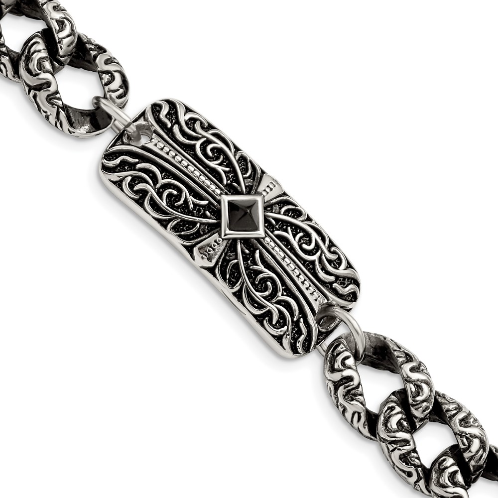 Stainless Steel Antiqued and Polished with Black Agate 9in Cross Bracelet