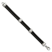 Chisel Stainless Steel Polished Braided 2 Strand Black Braided Leather Bracelet, 9" view 3