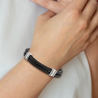 Chisel Stainless Steel Polished Braided 2 Strand Black Braided Leather Bracelet, 9" view 5