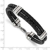 Chisel Stainless Steel Polished Braided 2 Strand Black Braided Leather Bracelet, 9" view 4