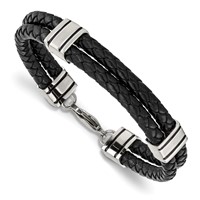 Chisel Stainless Steel Polished Braided 2 Strand Black Braided Leather Bracelet, 9" view 1