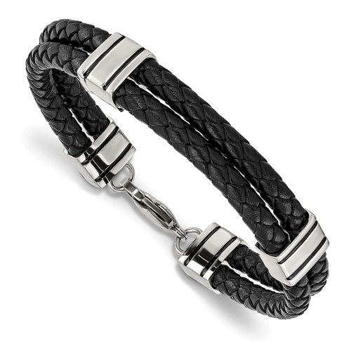 Chisel Stainless Steel Polished Braided 2 Strand Black Braided Leather Bracelet, 9"