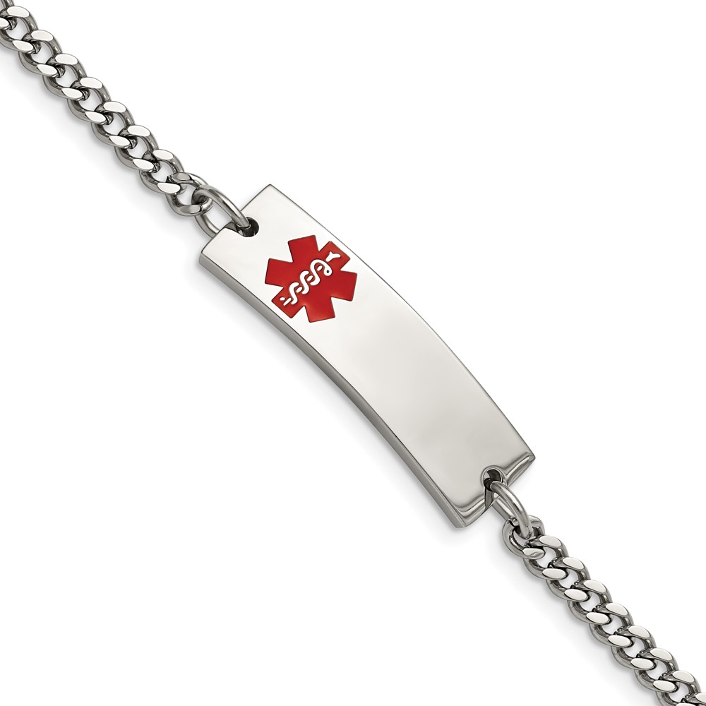 Stainless Steel Polished w/Red Enamel 8.75in Medical ID Bracelet