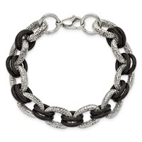 Stainless Steel Polished and Textured Bracelet with Black Rubber, 9" view 4
