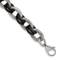 Stainless Steel Polished and Textured Bracelet with Black Rubber, 9" view 1