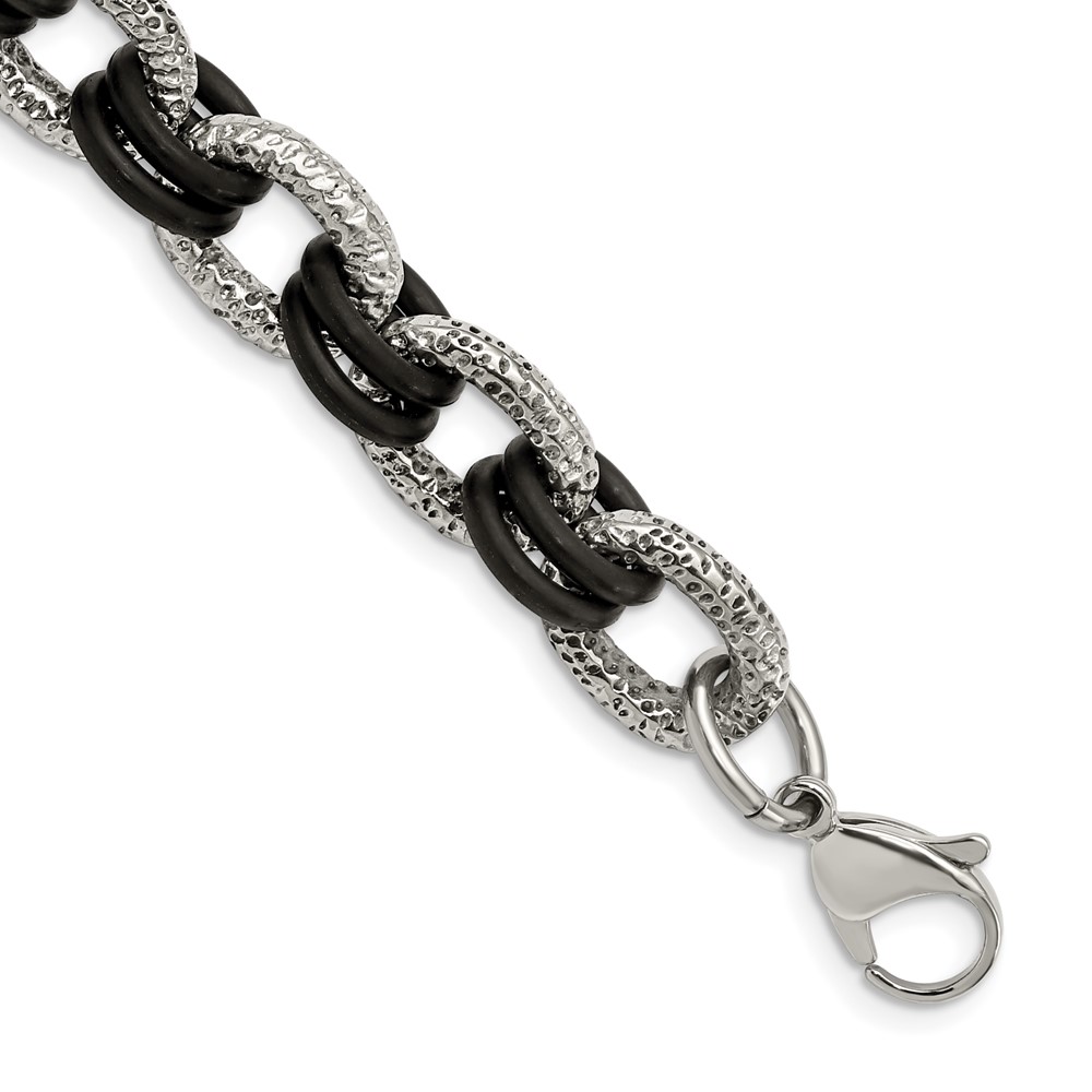 Stainless Steel 9in Polished and Textured with Black Rubber Bracelet