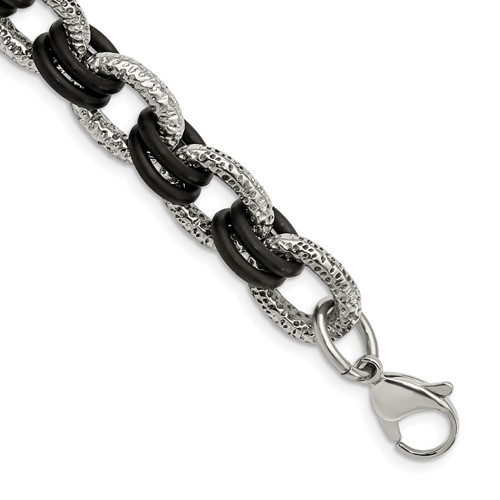Stainless Steel Polished and Textured Bracelet with Black Rubber, 9"
