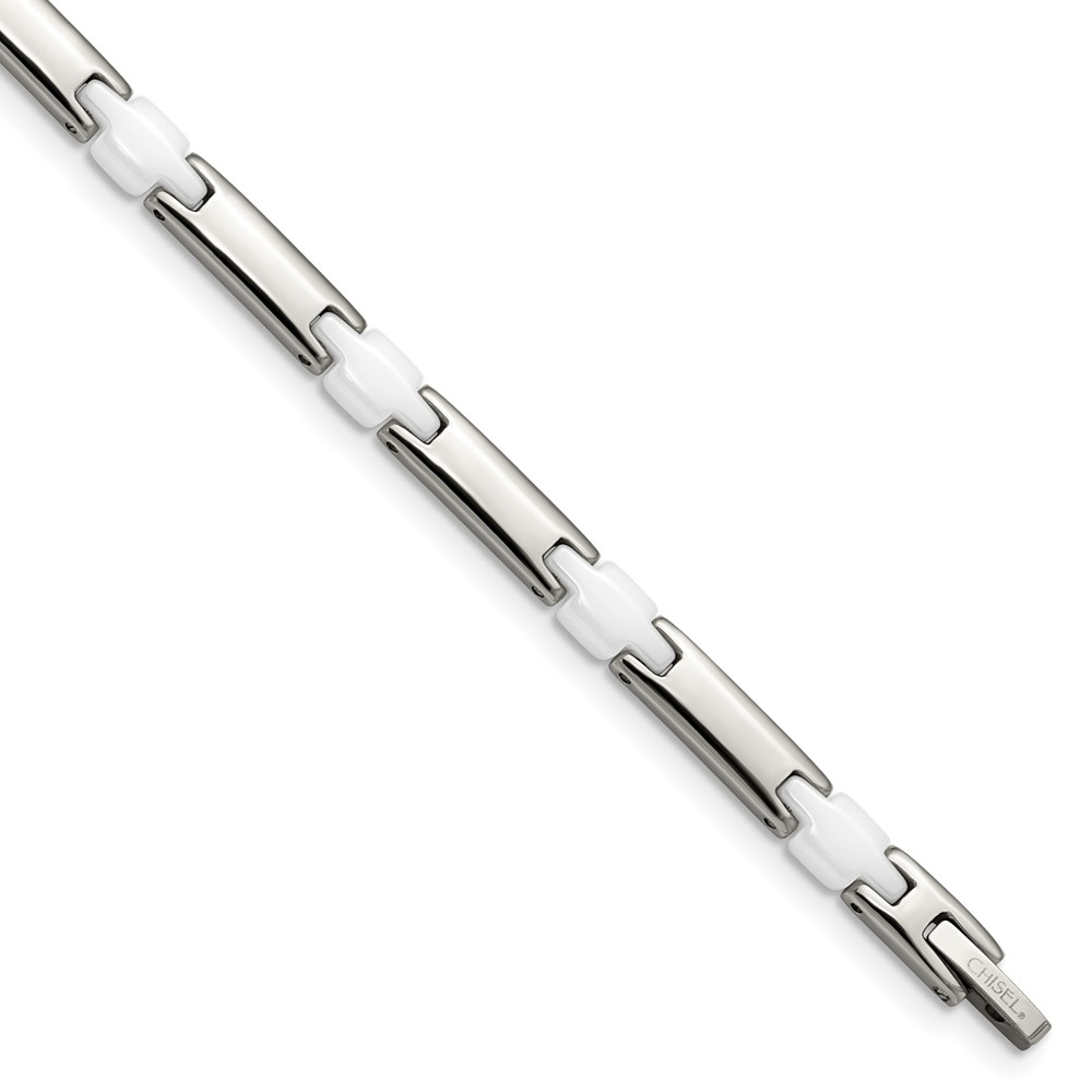 Stainless Steel Polished w/White Ceramic 7.5in Bracelet