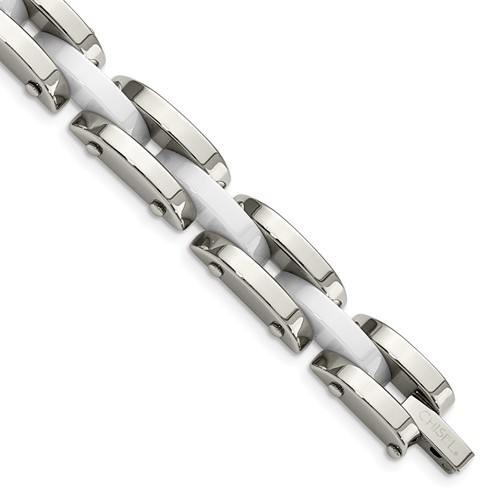 Chisel Stainless Steel Polished Bracelet with White Ceramic Link, 7.5"