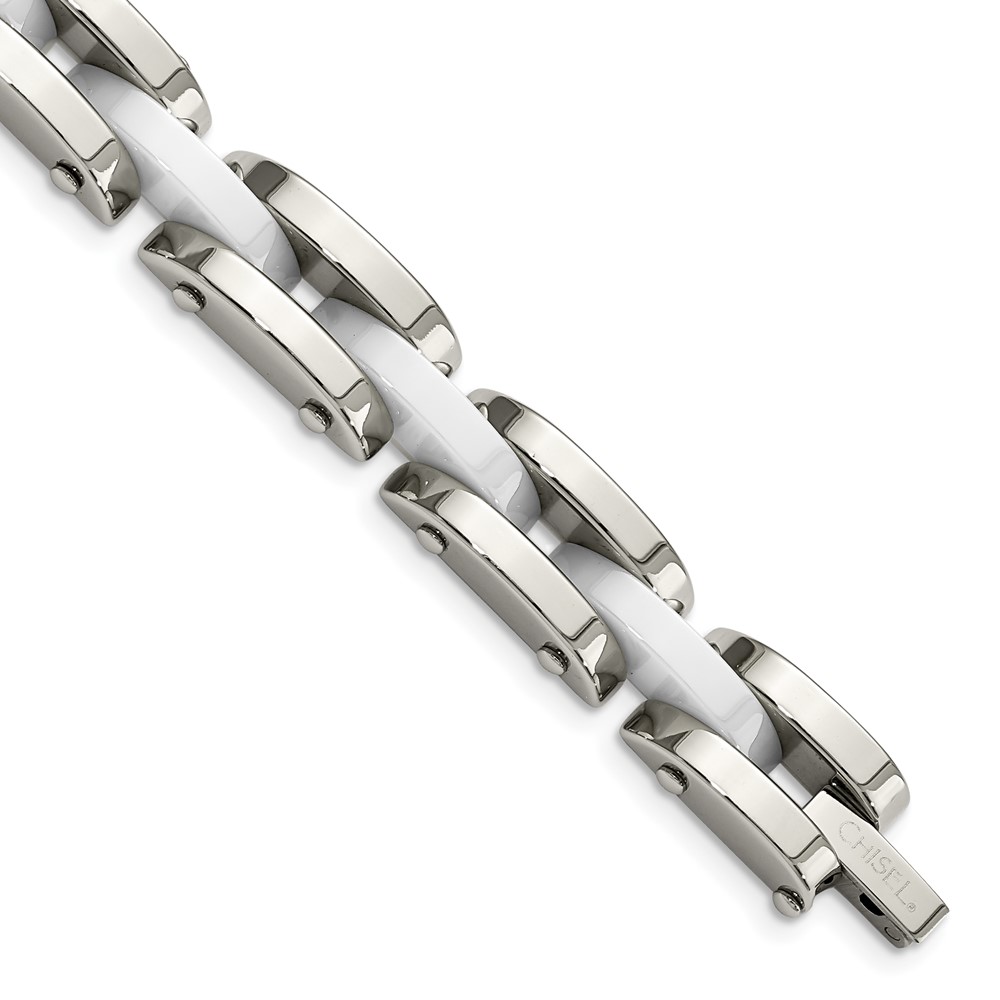 Stainless Steel Polished w/White Ceramic 7.5in Bracelet
