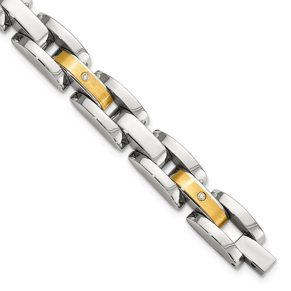 Stainless Steel w/14k Accent 8.25in Brushed & Polished w/Diamonds Bracelet