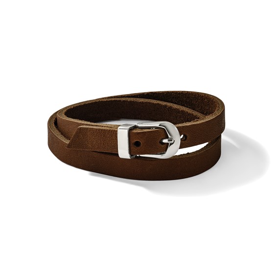 Chisel Stainless Steel Polished Brown Leather 8.5 inch Adjustable Wrap Bracelet