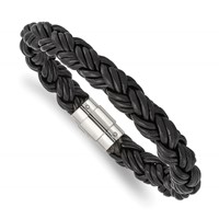 Chisel Stainless Steel Polished Twisted Black Braided Leather Bracelet, 8.5" view 1