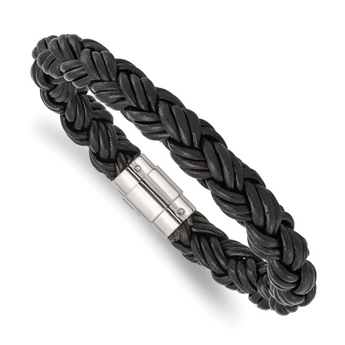 Chisel Stainless Steel Polished Twisted Black Braided Leather Bracelet, 8.5"
