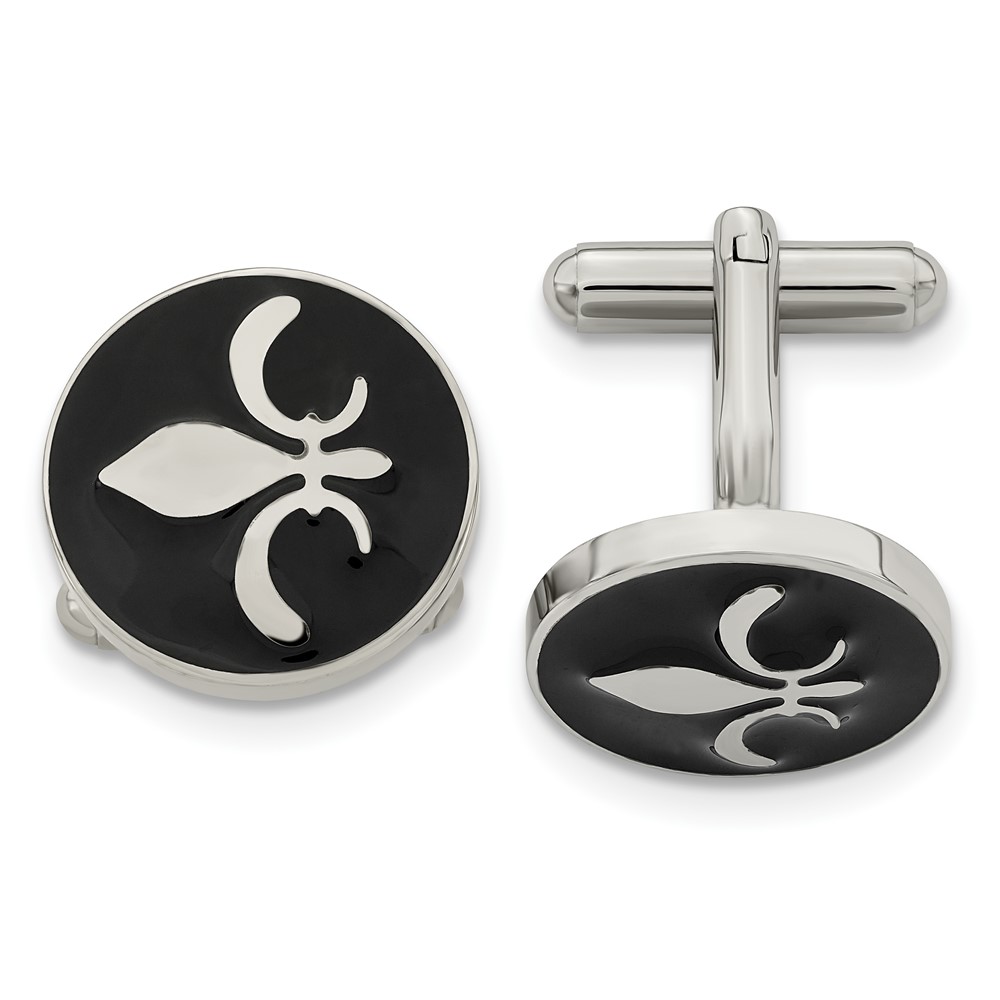 Chisel Stainless Steel Polished Enameled with Fleur De Lis Circle Cufflinks