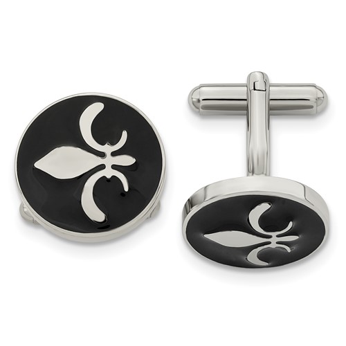 Chisel Stainless Steel Polished Enameled with Fleur De Lis Circle Cufflinks