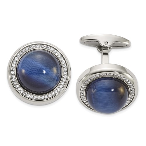Chisel Stainless Steel Polished with CZ and Black Blue Onyx Circle Cufflinks