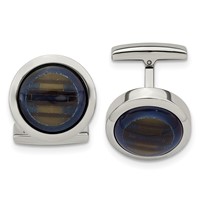 Chisel Stainless Steel Polished Blue and Brown Cat's Eye Circle Cufflinks view 1