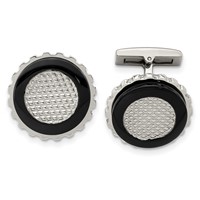 Stainless Steel Polished Black IP-plated Textured Edge Circle Cufflinks view 1