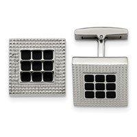 Stainless Steel Polished and Textured Black Rubber Square Cufflinks view 1