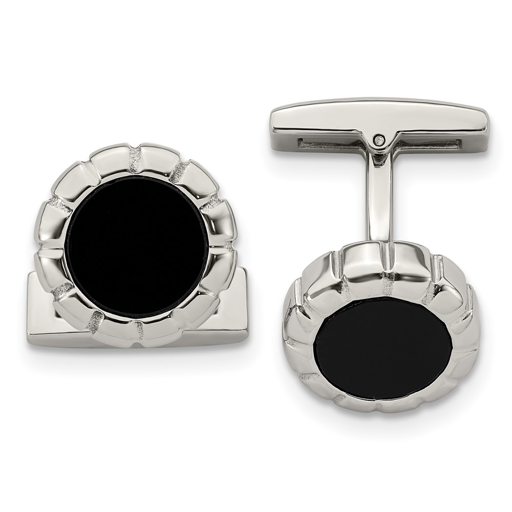 Stainless Steel Polished Black IP Scalloped Edge Cufflinks