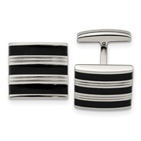 Chisel Stainless Steel Polished Grooved Black Rubber Stripes Cufflinks view 1