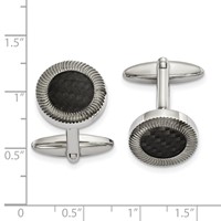 Stainless Steel Polished Textured Black Carbon Fiber Inlay Circle Cufflinks view 3