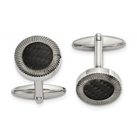 Stainless Steel Polished Textured Black Carbon Fiber Inlay Circle Cufflinks view 1