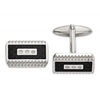Chisel Stainless Steel Polished and Textured Black Carbon Fiber Inlay CZ Cufflinks view 1
