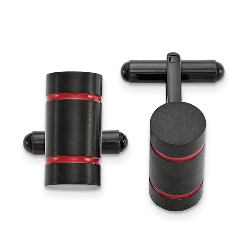 Stainless Steel Brushed & Polished Black IP-plated with Red Enamel Cufflinks