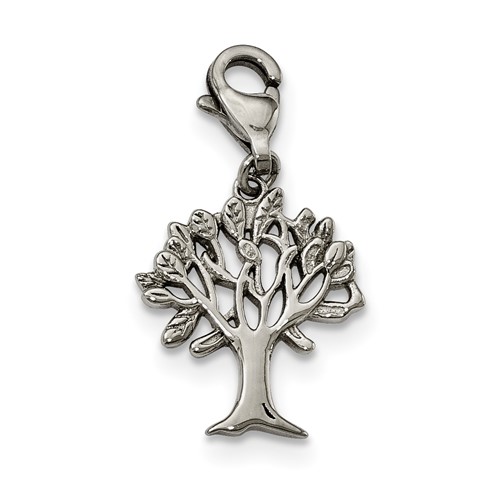 Stainless Steel Polished and Textured Tree of Life Charm with Lobster Clasp