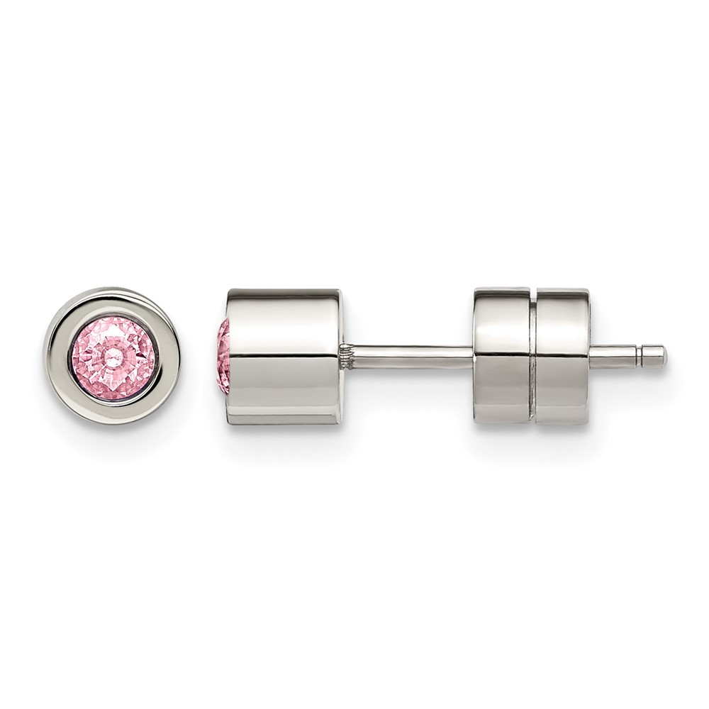Chisel Stainless Steel Polished Pink CZ October Birthstone Post Stud Earrings