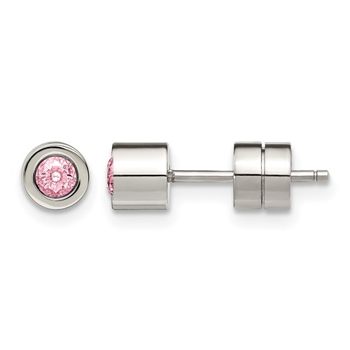 Chisel Stainless Steel Polished Pink CZ October Birthstone Post Stud Earrings