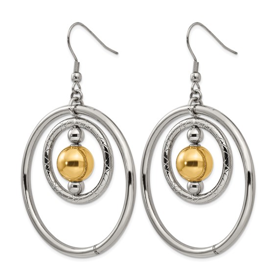 Stainless Steel Polished and Textured Yellow IP Shepherd Hook Earrings