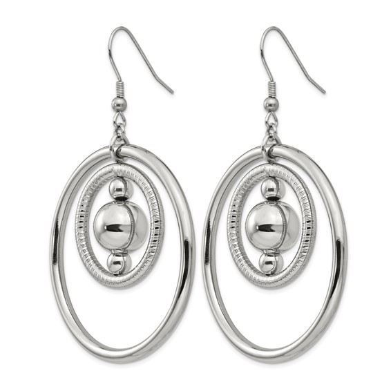 Stainless Steel Polished and Textured Geometric Circle Dangle Earrings