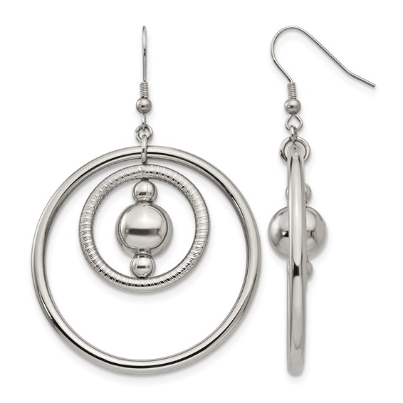 Stainless Steel Polished and Textured Geometric Circle Dangle Earrings