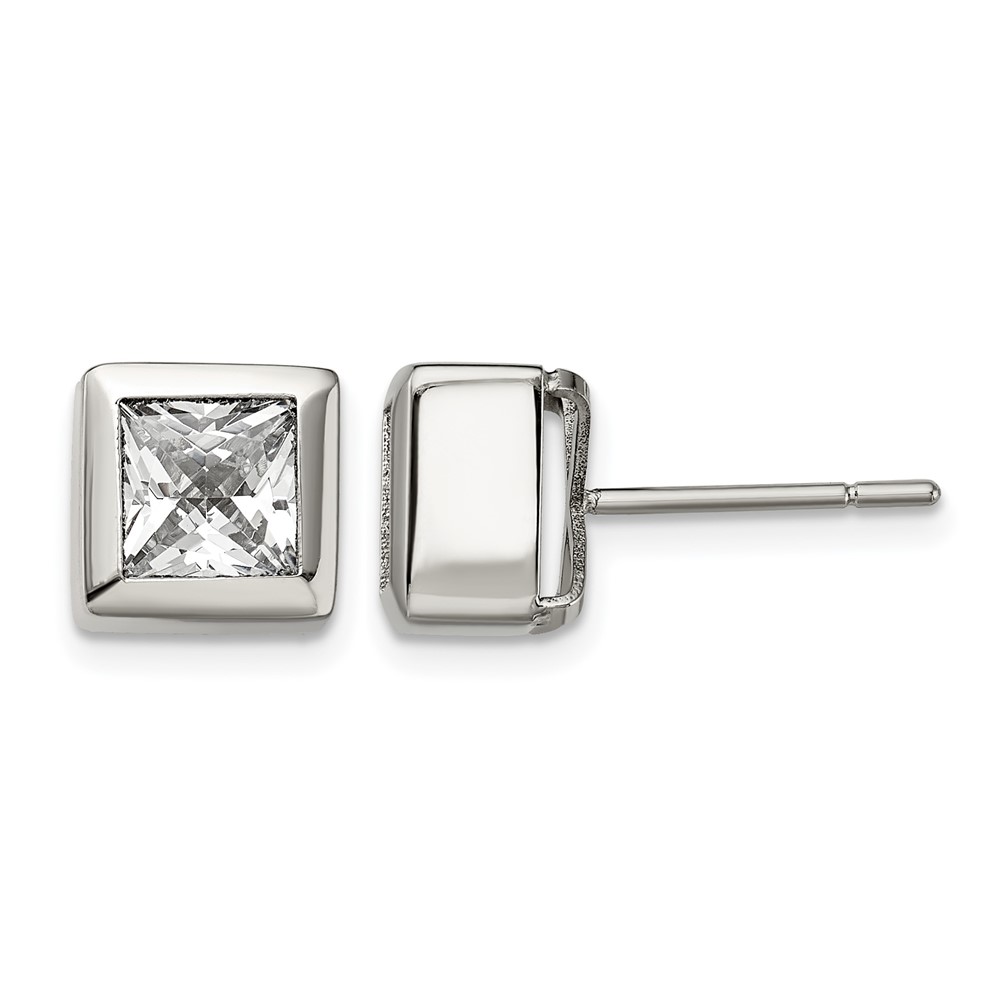 Chisel Stainless Steel Polished Square CZ Post Earrings