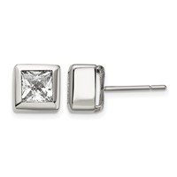Chisel Stainless Steel Polished Square CZ Post Earrings view 1