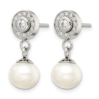 Chisel Stainless Steel Polished CZ and Freshwater Cultured Pearl Post Dangle Earrings view 3