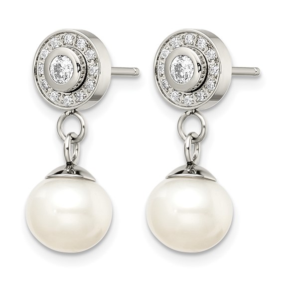 Chisel Stainless Steel Polished CZ and Freshwater Cultured Pearl Post Dangle Earrings