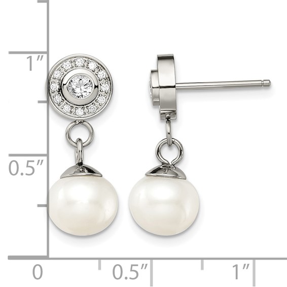 Chisel Stainless Steel Polished CZ and Freshwater Cultured Pearl Post Dangle Earrings