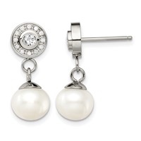 Chisel Stainless Steel Polished CZ and Freshwater Cultured Pearl Post Dangle Earrings view 1