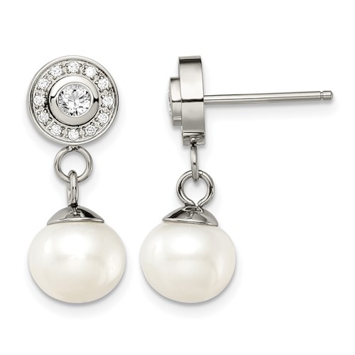 Chisel Stainless Steel Polished CZ and Freshwater Cultured Pearl Post Dangle Earrings