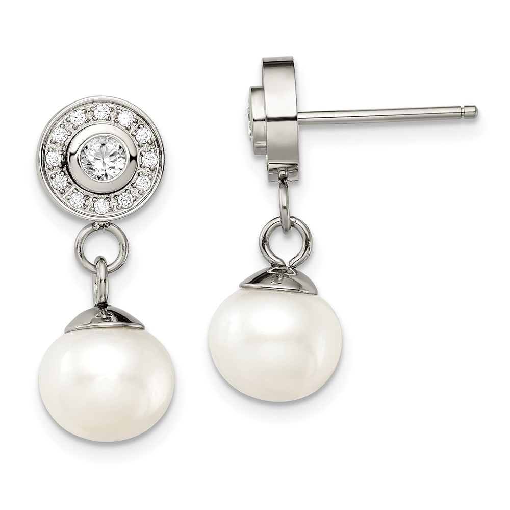 Stainless Steel Polished CZ and FWC Pearl Post Dangle Earrings
