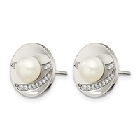 Chisel Stainless Steel Polished CZ and Freshwater Cultured Pearl Post Earrings view 3