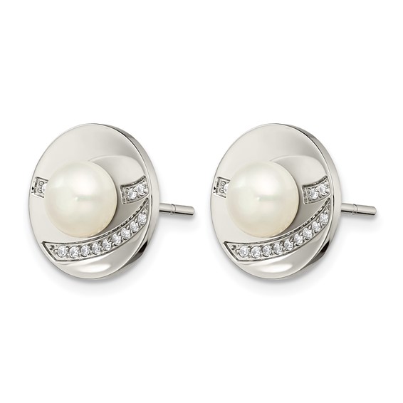 Chisel Stainless Steel Polished CZ and Freshwater Cultured Pearl Post Earrings