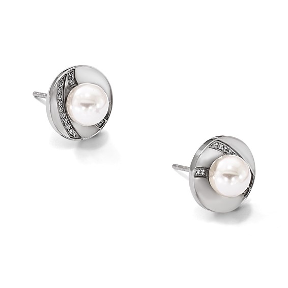 Chisel Stainless Steel Polished CZ and Freshwater Cultured Pearl Post Earrings